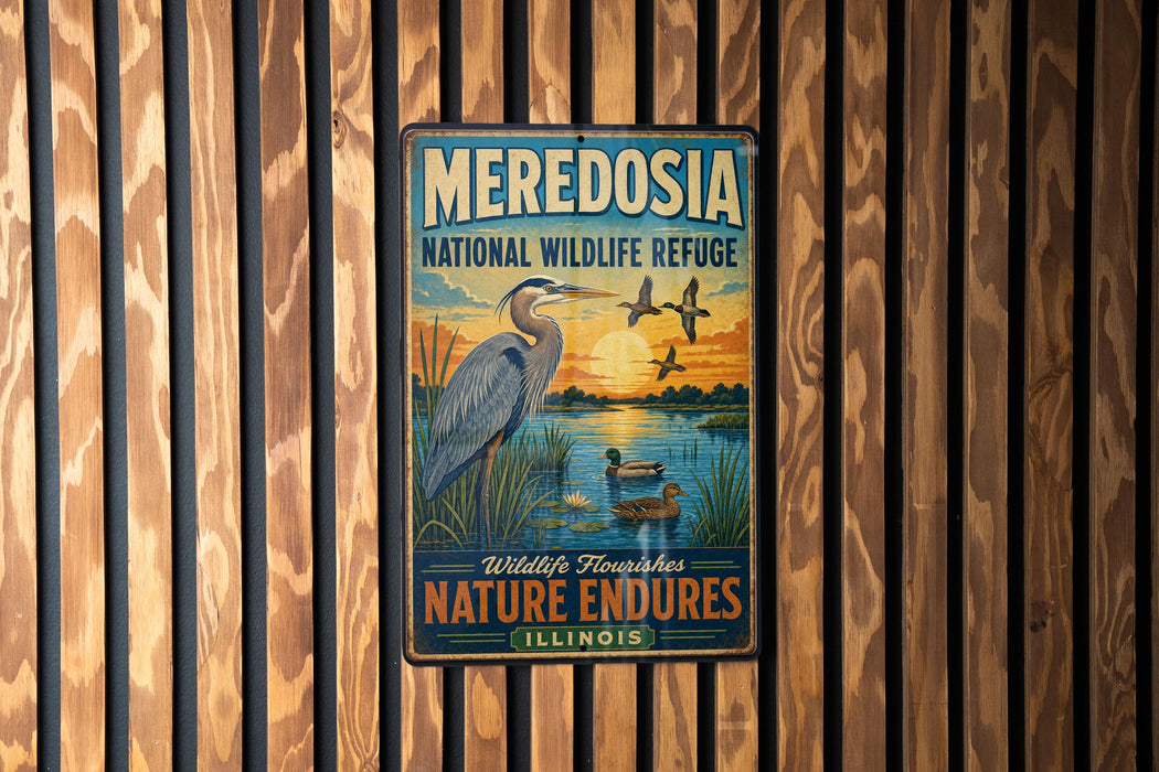 A vintage-style metal sign for the Meredosa National Wildlife Refuge in Illinois, featuring a large blue heron and ducks in a natural setting.