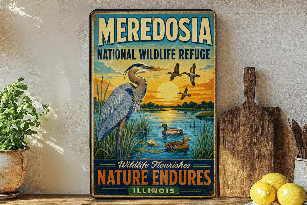 A vintage-style sign for the Meredosa National Wildlife Refuge in Illinois, featuring an illustration of a heron and ducks in a natural setting.