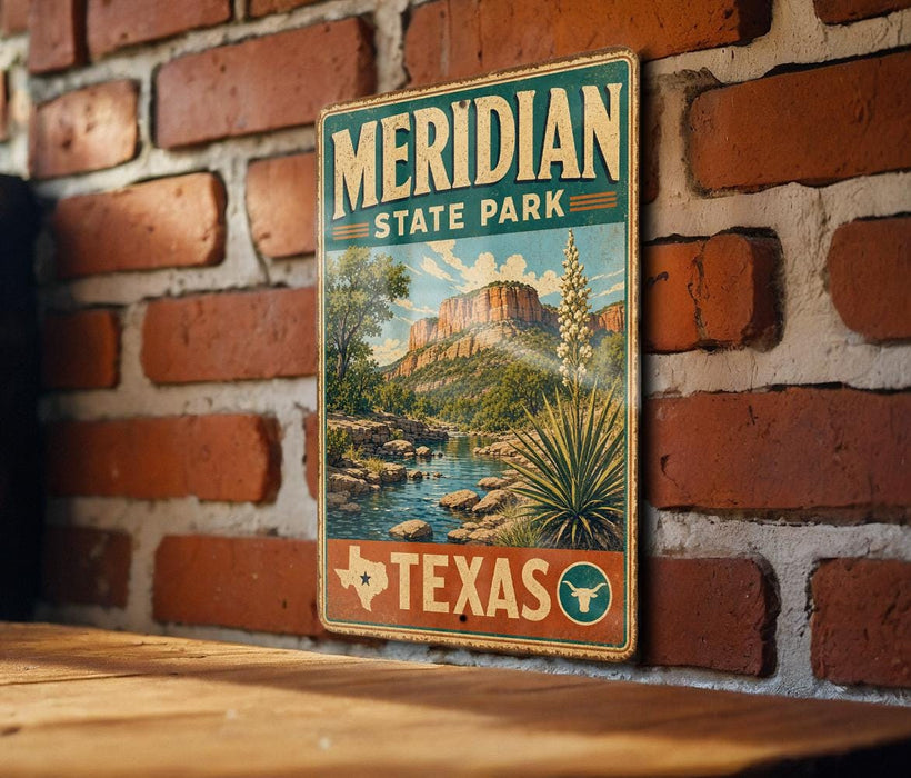 A vintage-style metal sign for Meridian State Park in Texas, featuring a scenic landscape with mountains, a river, and desert vegetation.
