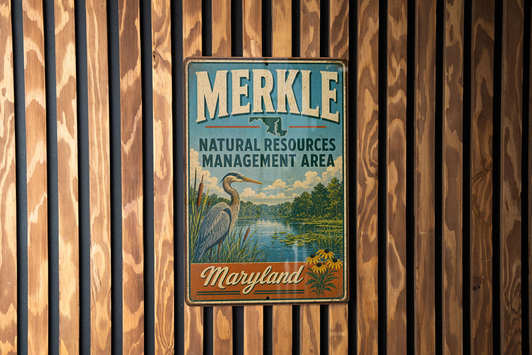 A vintage metal sign for Merkle Natural Resources Management Area in Maryland, featuring a blue background with a white bird and a river.