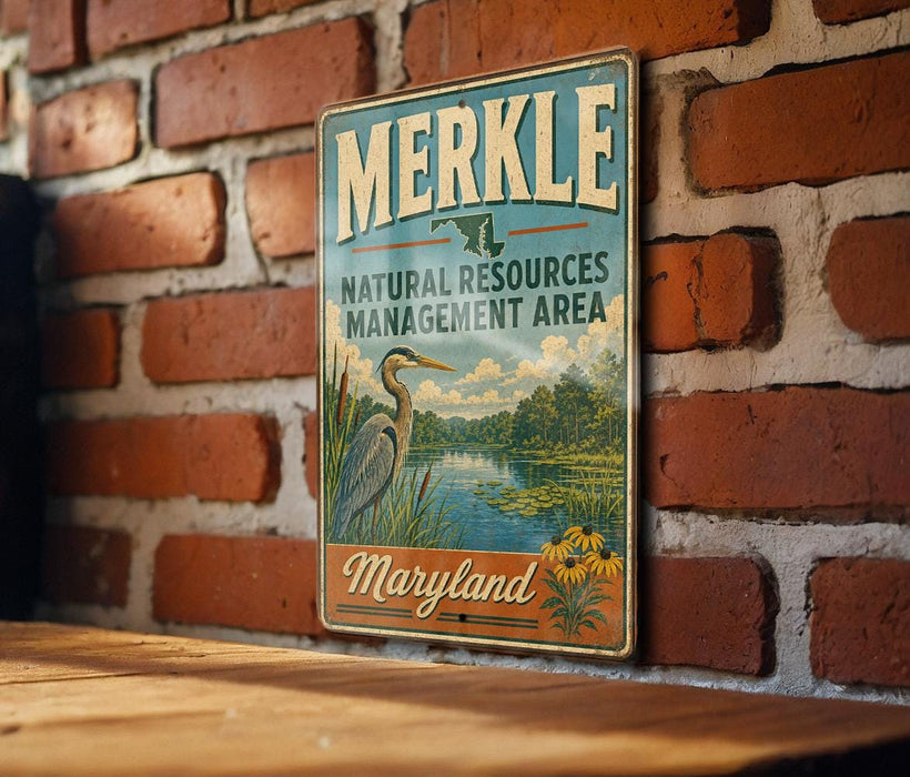 A vintage metal sign for the Merkle Natural Resources Management Area in Maryland, featuring a scenic landscape with a heron and a river.