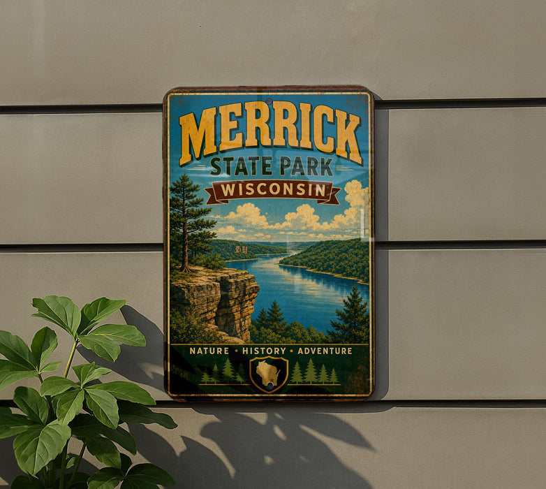 A vintage metal sign for Merrick State Park in Wisconsin, featuring a scenic landscape with a river, cliffs, and pine trees.