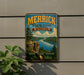 A vintage metal sign for Merrick State Park in Wisconsin, featuring a scenic landscape with a river, cliffs, and pine trees.