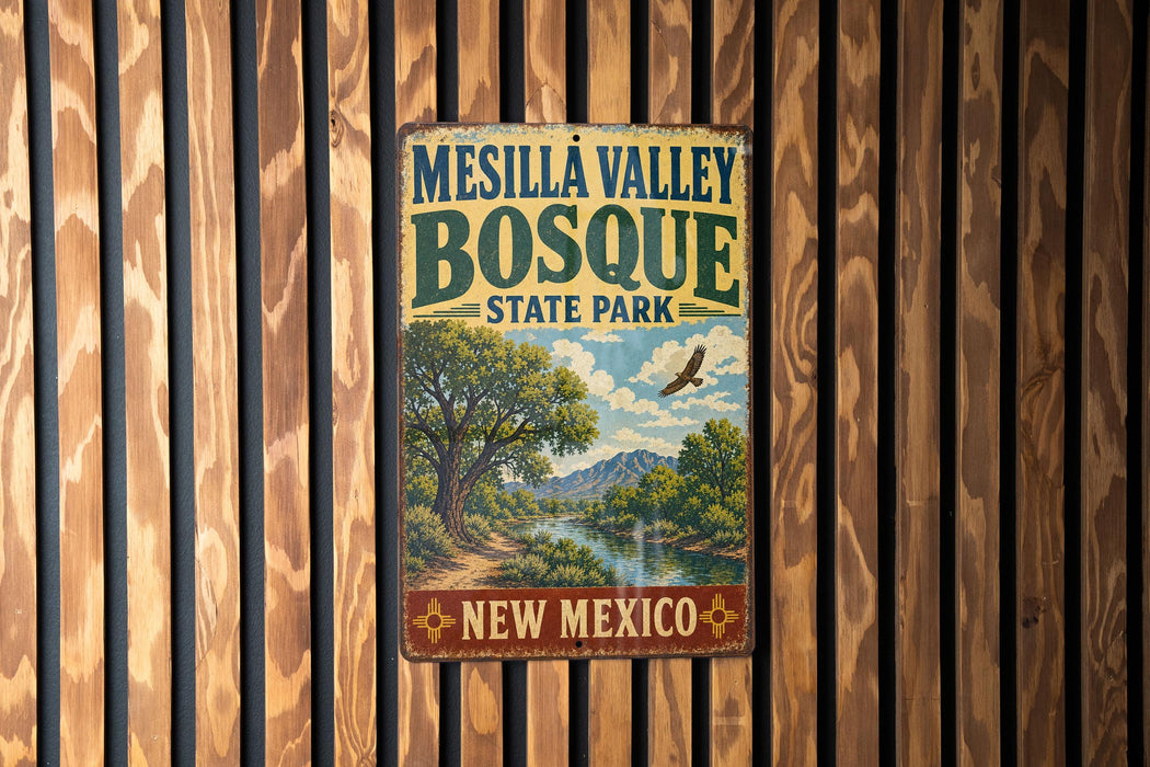 A vintage metal sign for Mesilla Valley Bosque State Park in New Mexico, featuring a scenic landscape with a river and mountains.