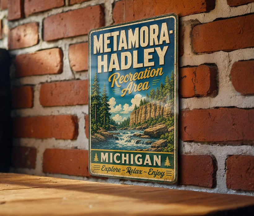 A vintage-style metal sign for the Metamora-Hadley Recreation Area in Michigan, featuring a scenic landscape with a river and mountains.
