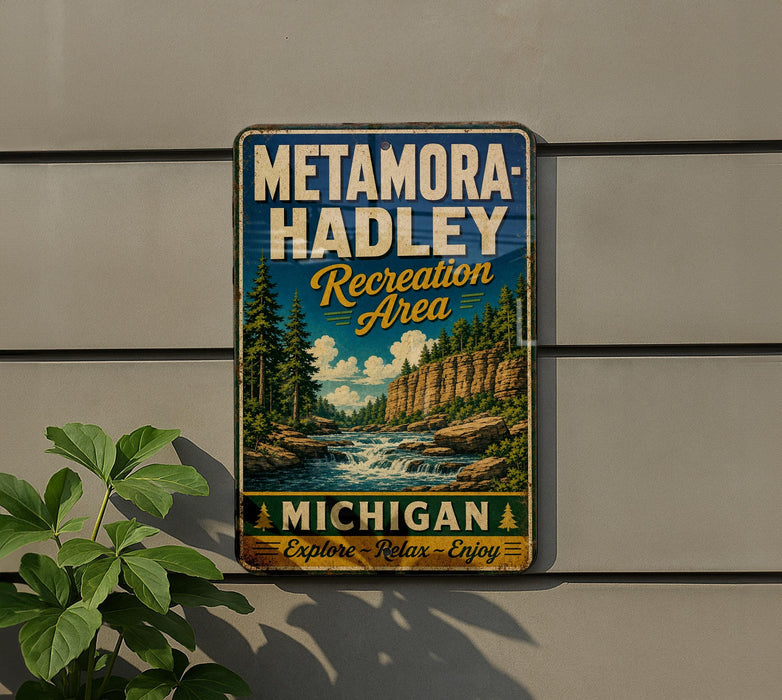A vintage metal sign for Metamora-Hadley Recreation Area in Michigan, featuring a scenic landscape with a waterfall and pine trees.