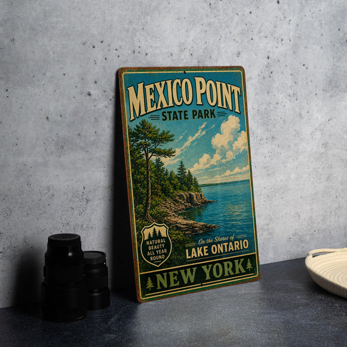 A vintage-style metal sign for Mexico Point State Park in New York, featuring a scenic landscape with a lake and trees.