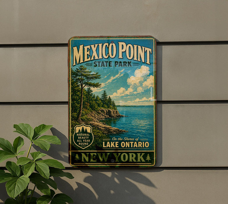 A vintage-style metal sign for Mexico Point State Park, featuring a scenic landscape with a lake and mountains, mounted on a wall.