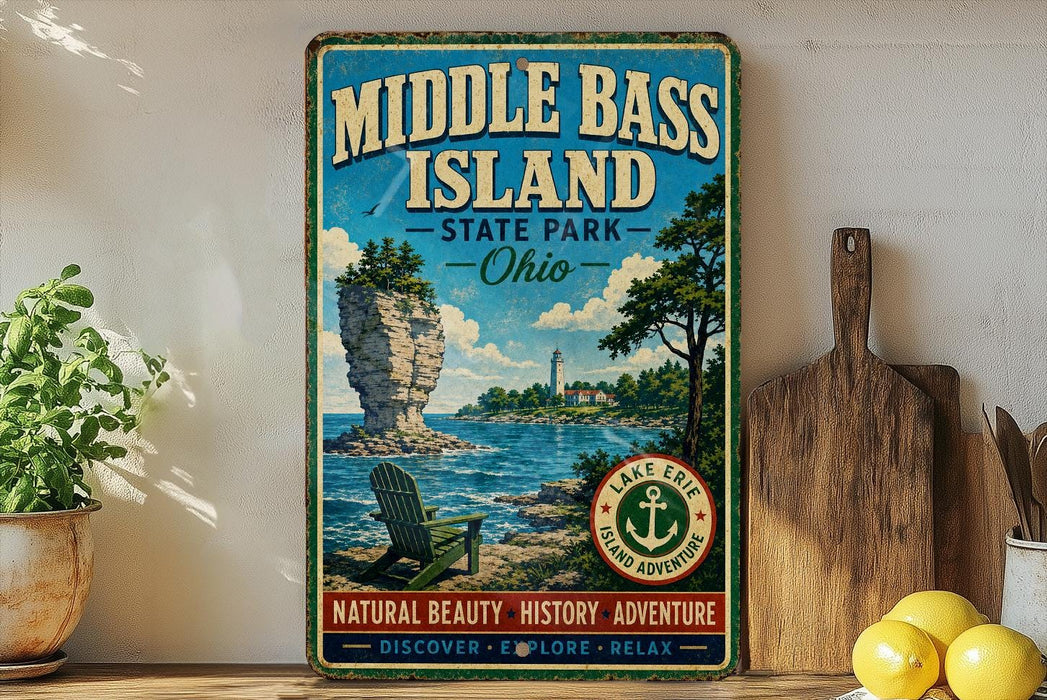A vintage-style sign for Middle Bass Island State Park, Ohio, featuring a scenic image of the island with a lighthouse and a chair overlooking the water.