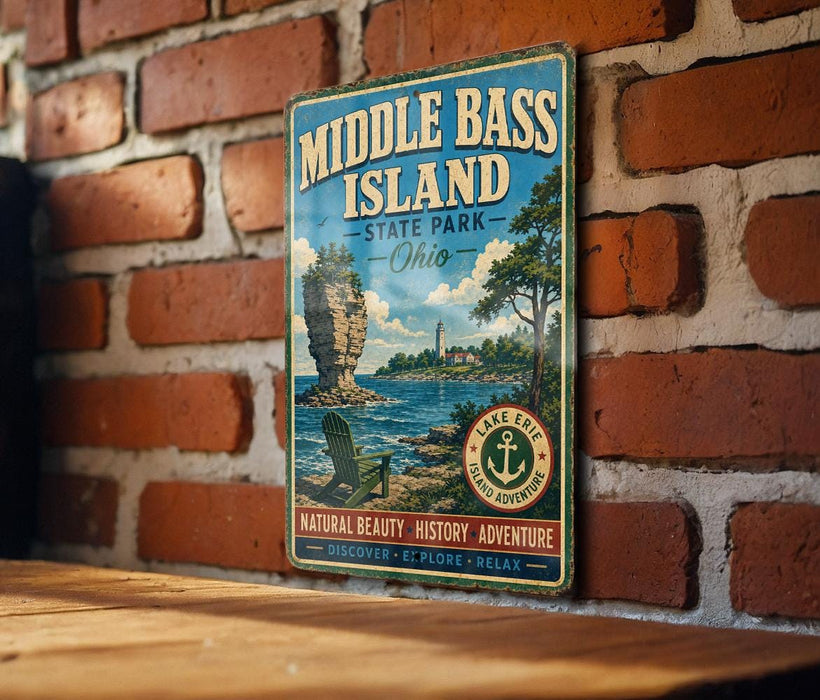 A vintage-style metal sign for Middle Bass Island, Ohio, featuring a scenic image of the island with a lighthouse and a rocky outcrop.