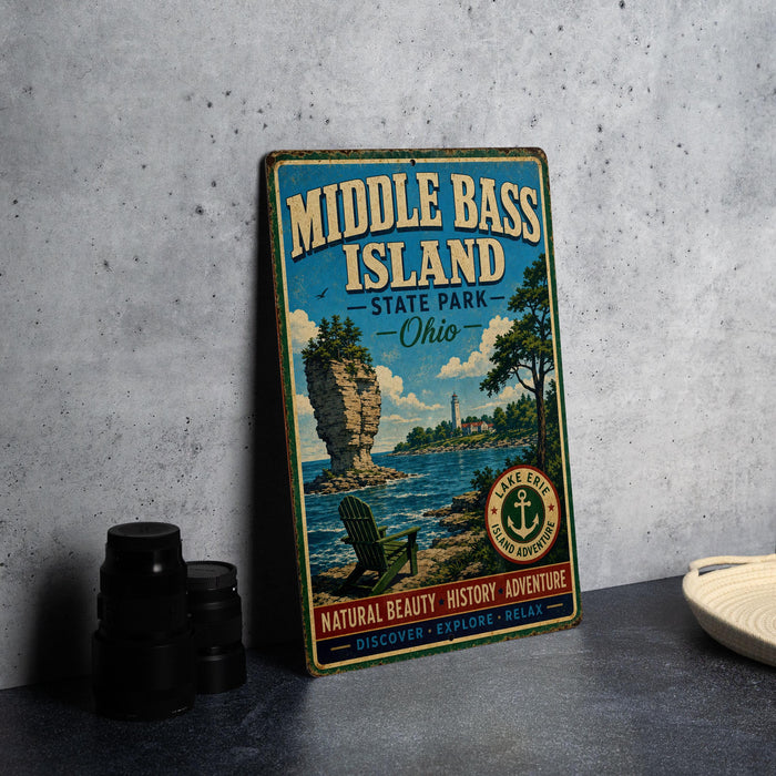 A vintage-style metal sign for Middle Bass Island State Park in Ohio, featuring a scenic illustration of the island and its surroundings.