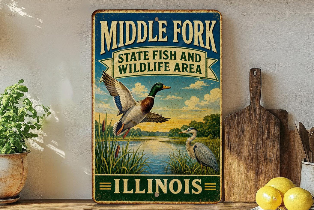 A vintage-style sign for the Middle Fork State Fish and Wildlife Area in Illinois, featuring an illustration of ducks and a scenic landscape.