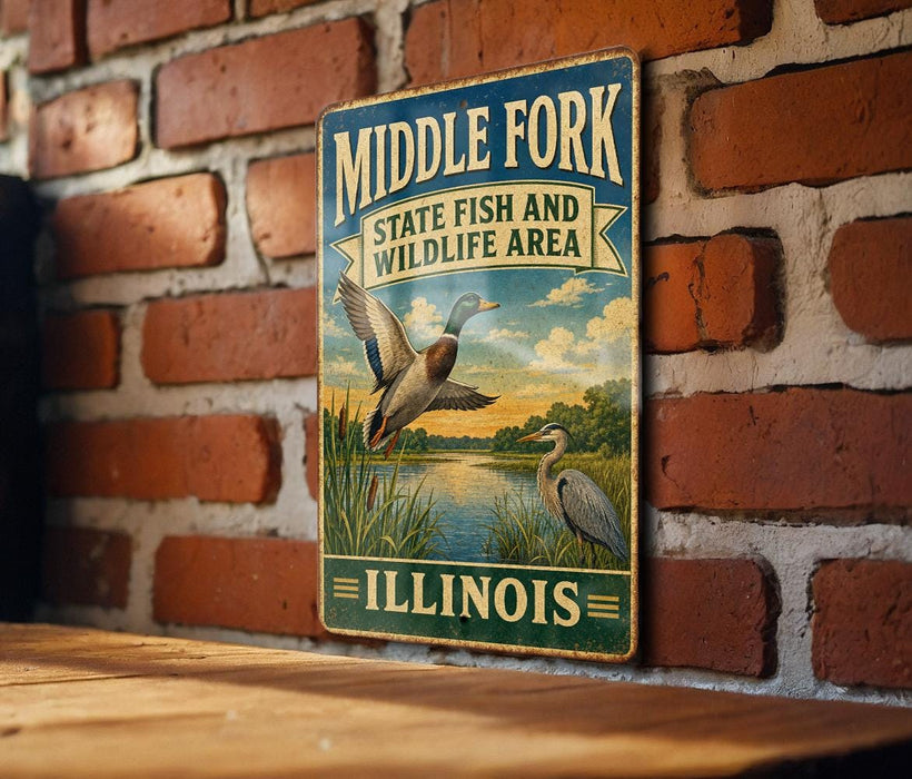 A vintage-style metal sign for the "Middle Fork State Fish and Wildlife Area" in Illinois, featuring illustrations of ducks and other wildlife.