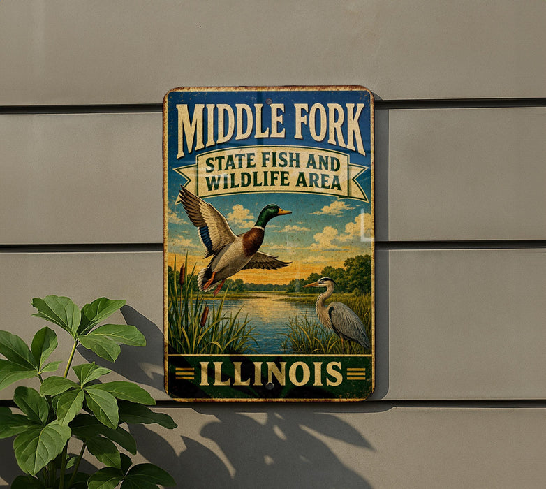 A vintage-style metal sign for the "Middle Fork State Fish and Wildlife Area" in Illinois, featuring a duck and other wildlife in a scenic landscape.
