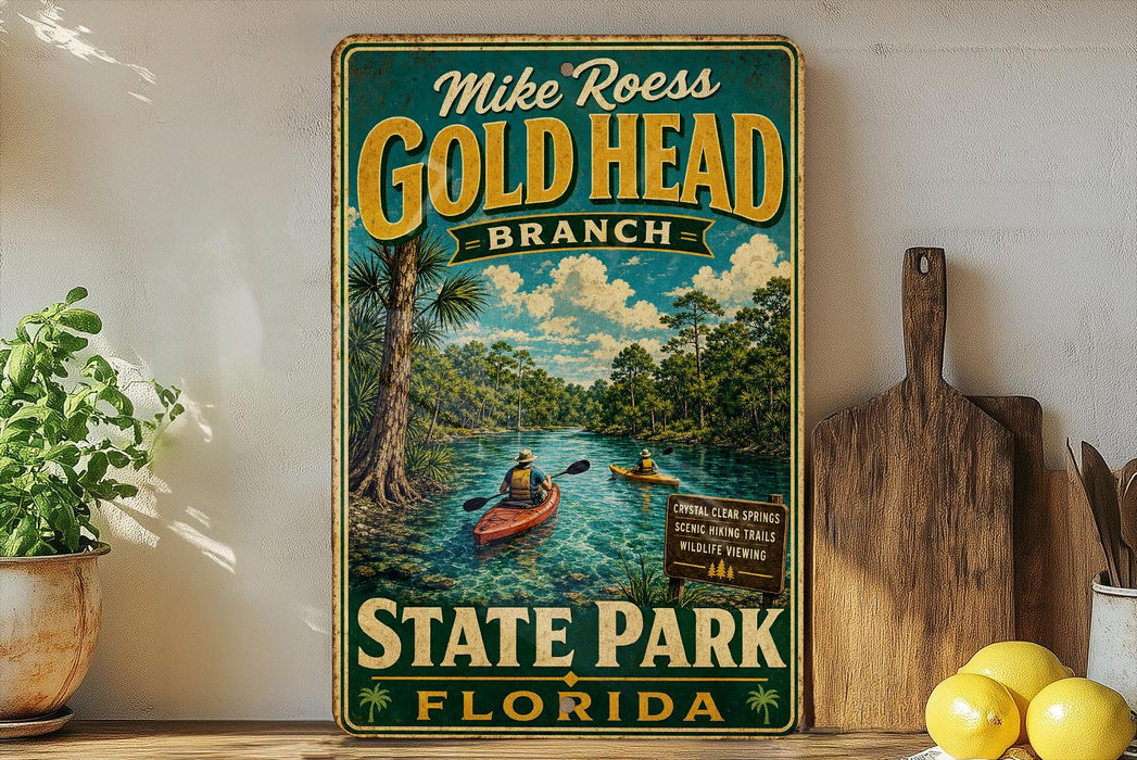 A vintage-style sign for Mike Roess Gold Head Branch, featuring a scenic illustration of a river with kayakers and palm trees.