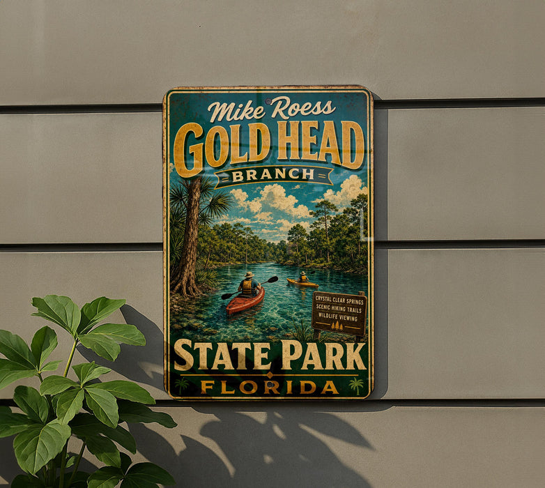 A vintage-style metal sign for Gold Head Branch State Park in Florida, featuring a scenic image of a river with a person kayaking.