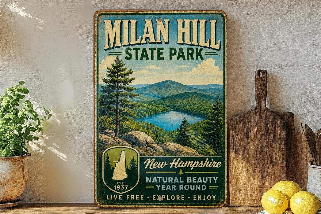A vintage-style metal sign for Milan Hill State Park in New Hampshire, featuring a scenic landscape with mountains, a lake, and pine trees.