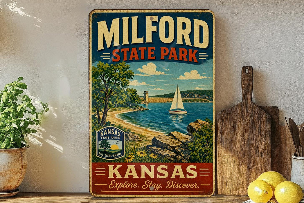 A vintage-style metal sign for Milford State Park in Kansas, featuring a scenic image of a sailboat on a lake surrounded by trees and mountains.