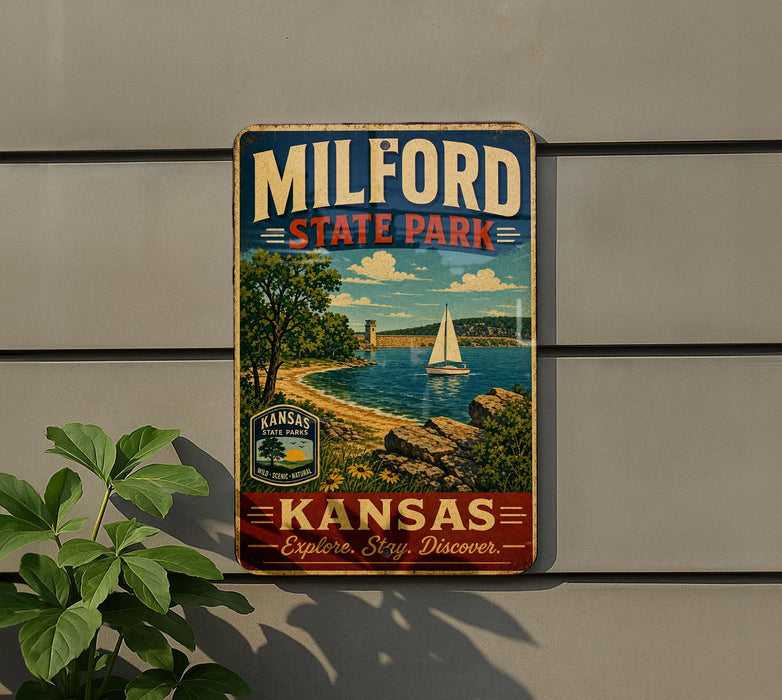 A vintage-style sign for Milford State Park in Kansas, featuring a scenic image of a sailboat on a lake surrounded by trees and mountains.