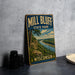 A vintage-style sign for Mill Bluff State Park in Wisconsin, featuring a scenic landscape with a river and mountains.