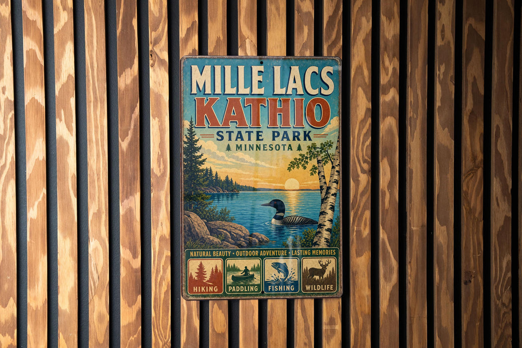 A vintage metal sign for Mille Lacs State Park in Minnesota, featuring a scenic landscape with a lake, trees, and wildlife.
