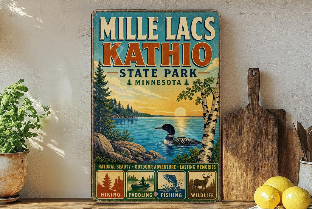 A vintage-style sign for Mille Lacs State Park in Minnesota, featuring a scenic image of a lake, trees, and wildlife.