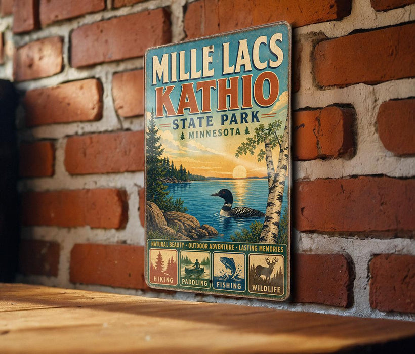 A vintage-style metal sign for Mille Lacs, Kathleen, and Montana State Park, featuring a scenic illustration of a lake, trees, and wildlife.