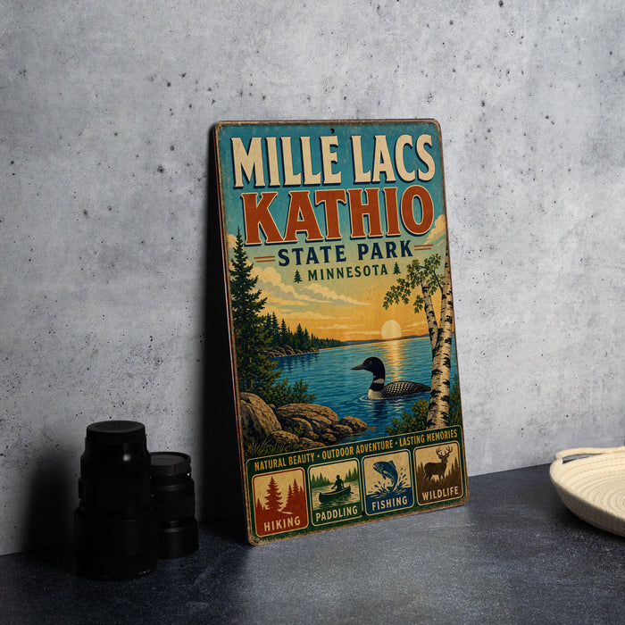 A vintage-style sign for Mille Lacs State Park in Minnesota, featuring a scenic illustration of a lake, trees, and wildlife.