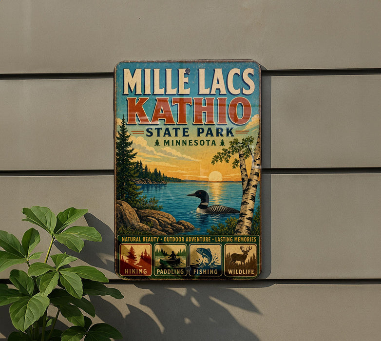 A vintage-style metal sign for Mille Lacs, Kathleen State Park in Minnesota, featuring a scenic landscape with a lake, trees, and wildlife.