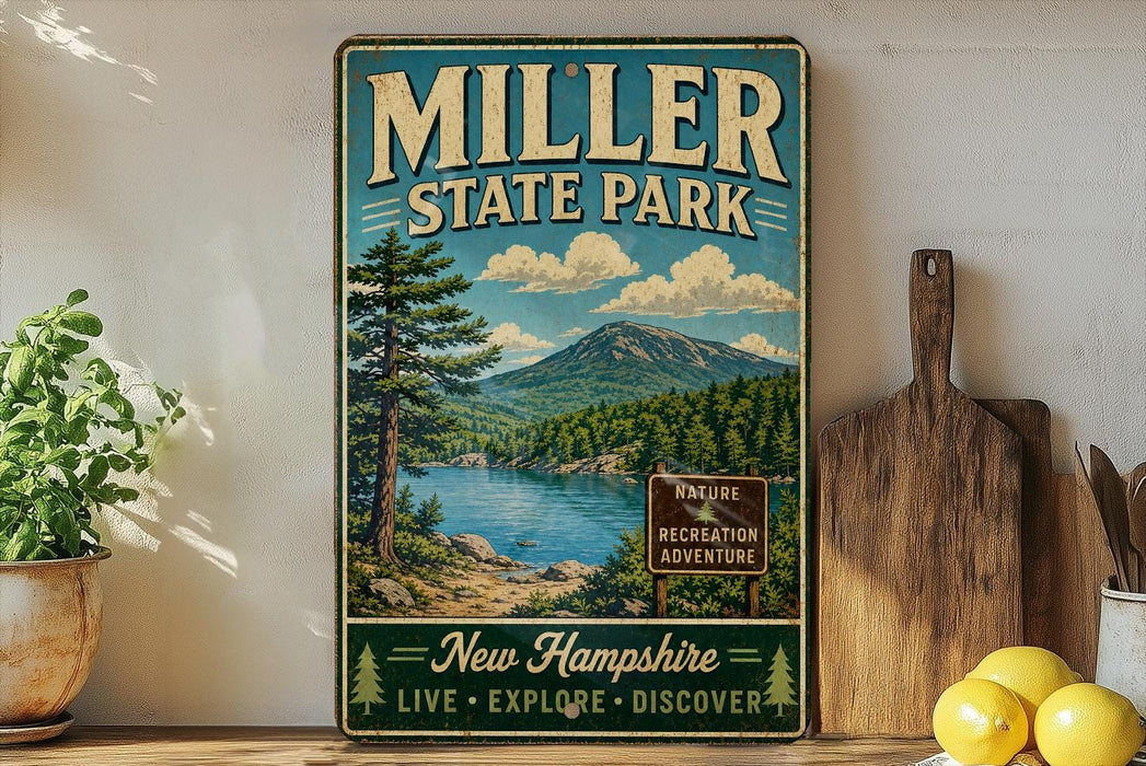 A vintage-style metal sign for Miller State Park, featuring a scenic landscape with a lake, mountains, and pine trees.