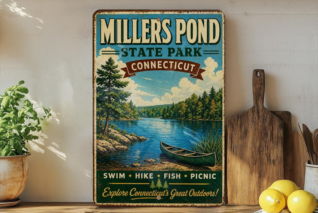 A vintage-style sign for Millers Pond State Park in Connecticut, featuring a scenic image of a lake, trees, and a canoe.