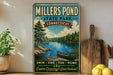 A vintage-style sign for Millers Pond State Park in Connecticut, featuring a scenic image of a lake, trees, and a canoe.