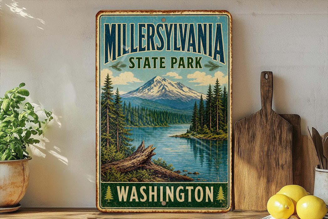 A vintage-style metal sign for Millersville State Park in Washington, featuring a scenic mountain landscape with a lake and pine trees.
