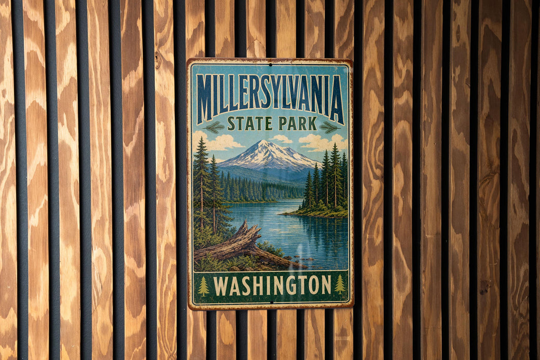 A vintage metal sign for Millersville State Park in Washington, featuring a scenic mountain landscape with a river and pine trees.