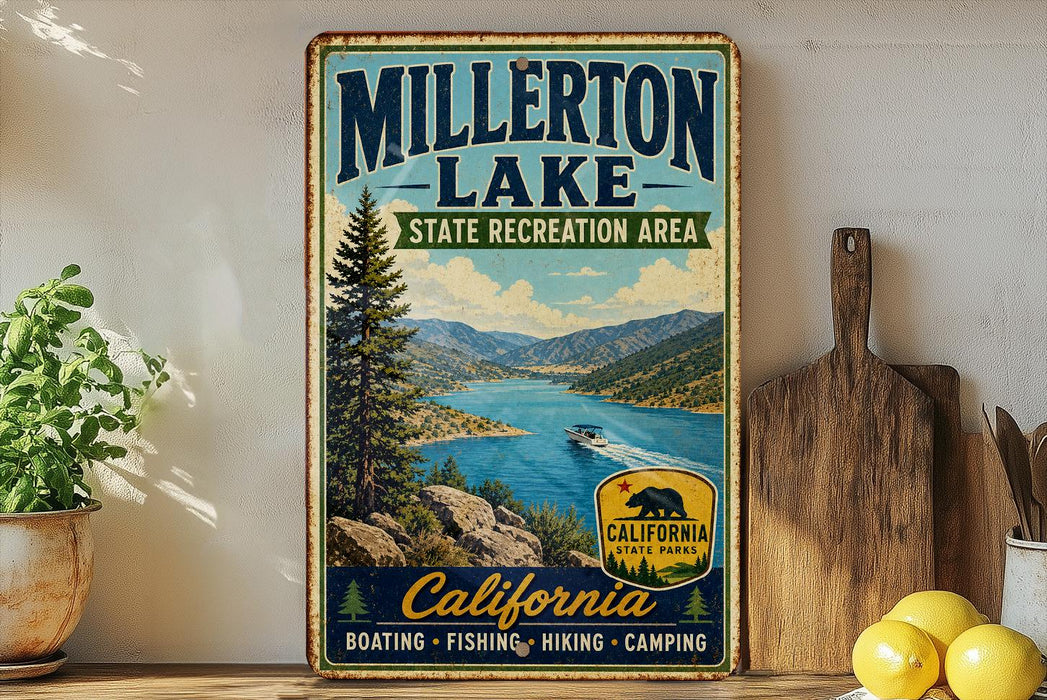 A vintage-style metal sign for Millerton Lake, California, featuring a scenic image of the lake surrounded by mountains and a boat on the water.