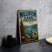 A vintage metal sign for Millerton Lake, a state recreation area in California, featuring a scenic image of the lake and mountains.