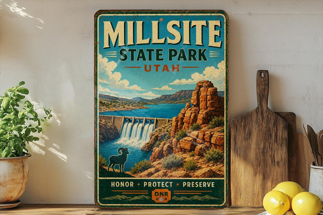 A vintage-style sign for Millsite State Park in Utah, featuring a scenic illustration of a waterfall and mountains.