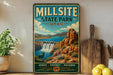 A vintage-style sign for Millsite State Park in Utah, featuring a scenic illustration of a waterfall and mountains.