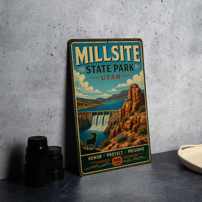 A vintage-style metal sign for Millsite State Park in Utah, featuring a scenic illustration of a waterfall and mountains.
