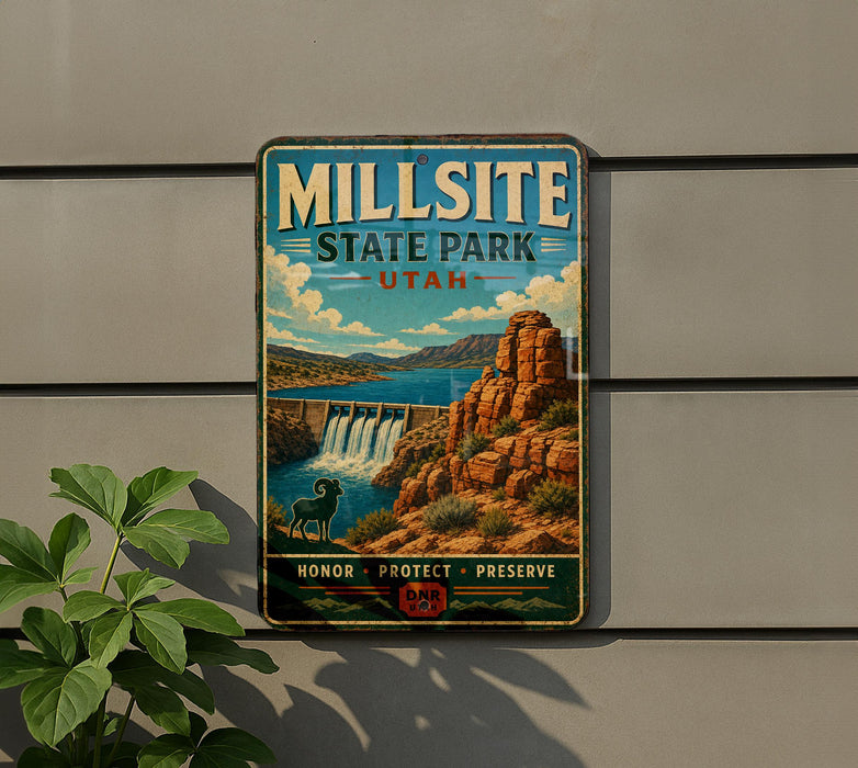 A vintage-style sign for Millsite State Park in Utah, featuring a scenic landscape with a waterfall and mountains.