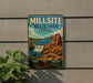 A vintage-style sign for Millsite State Park in Utah, featuring a scenic landscape with a waterfall and mountains.