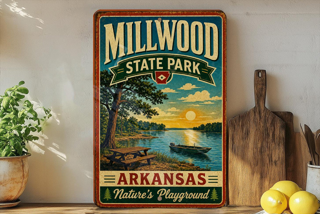 A vintage-style sign for Millwood State Park in Arkansas, featuring a scenic image of a lake, trees, and a picnic table.