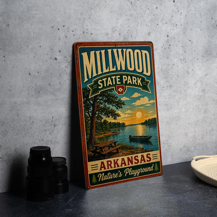 A vintage-style metal sign for Millwood State Park in Arkansas, featuring a scenic landscape with a lake, trees, and a sunset.
