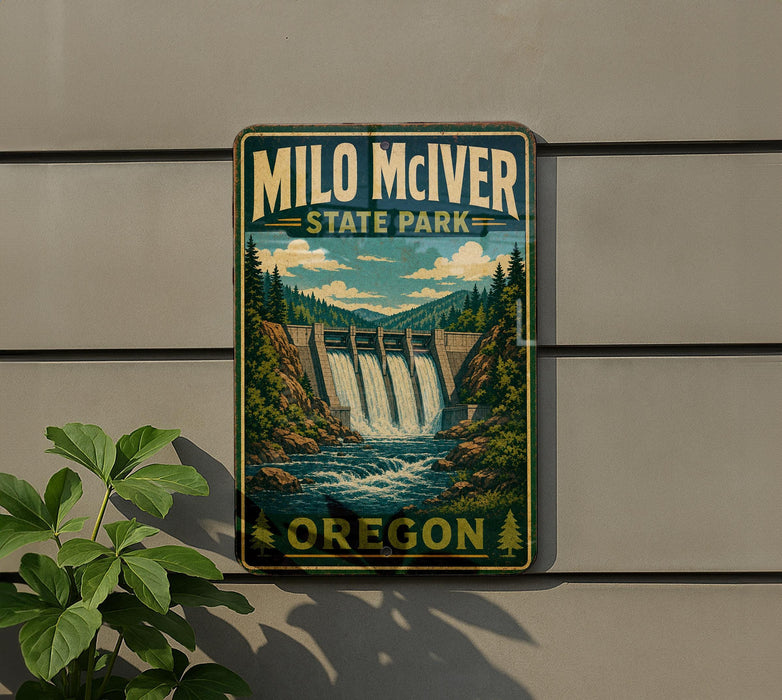 A vintage-style sign for Milo Mciver State Park in Oregon, featuring a scenic illustration of a waterfall surrounded by lush greenery.