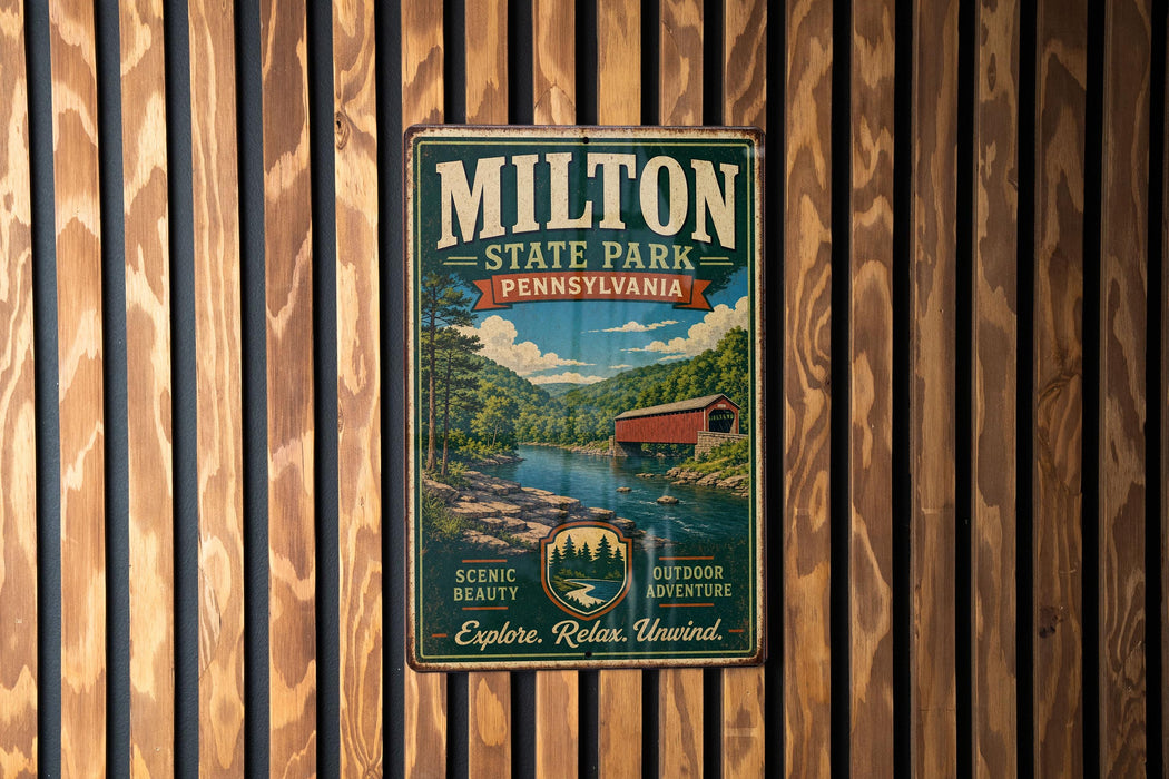 A vintage metal sign for Milton State Park, Pennsylvania, featuring a scenic landscape with a river, bridge, and trees.