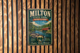A vintage metal sign for Milton State Park, Pennsylvania, featuring a scenic landscape with a river, bridge, and trees.