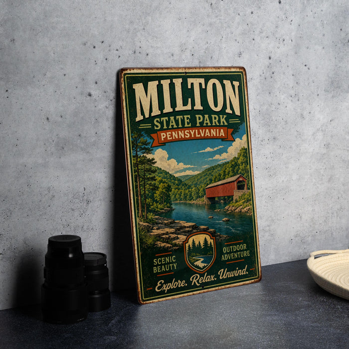 A vintage-style metal sign for Milton State Park, Pennsylvania, featuring a scenic illustration of a river and a bridge.