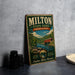 A vintage-style metal sign for Milton State Park, Pennsylvania, featuring a scenic illustration of a river and a bridge.
