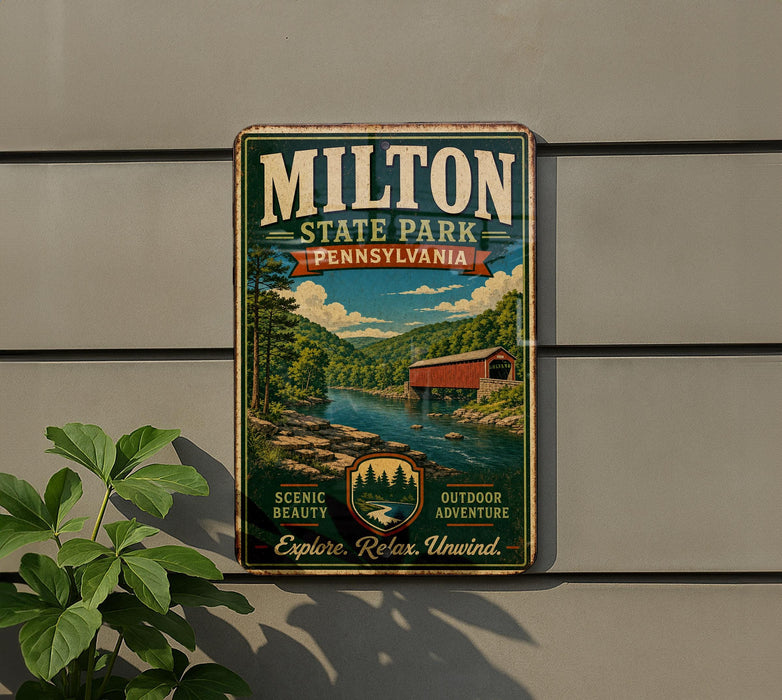 A vintage-style metal sign for Milton State Park in Pennsylvania, featuring a scenic landscape with a river, bridge, and trees.
