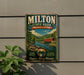 A vintage-style metal sign for Milton State Park in Pennsylvania, featuring a scenic landscape with a river, bridge, and trees.